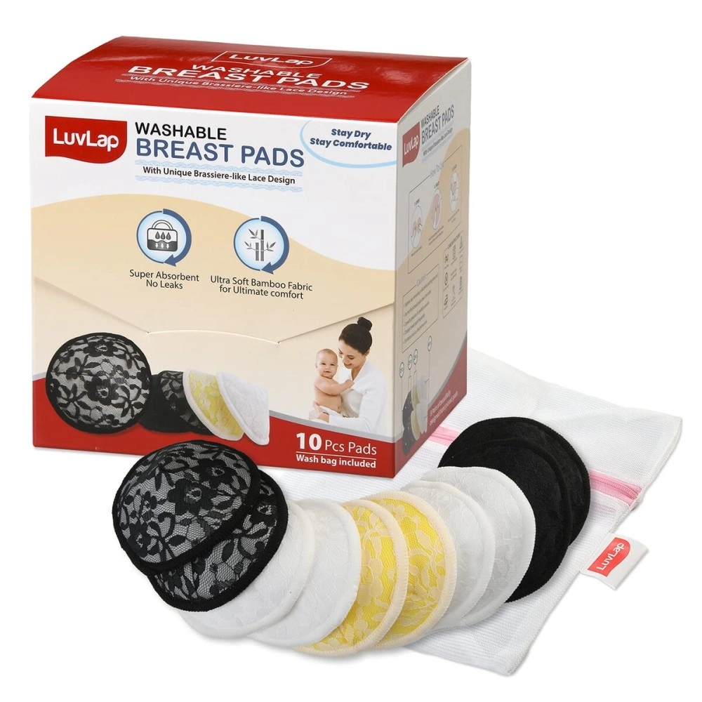Luv Lap Natural Bamboo Washable Nursing Breast Pads for Breast Feeding Mothers, Beautiful Lace Style, Contoured Shape for snug fit, Pad, Includes Laundry Bag, Super Absorption, 10Pc
