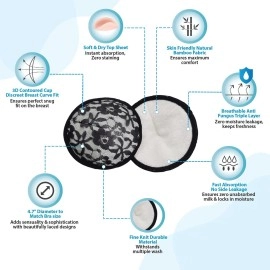 Luv Lap Natural Bamboo Washable Nursing Breast Pads for Breast Feeding Mothers, Beautiful Lace Style, Contoured Shape for snug fit, Pad, Includes Laundry Bag, Super Absorption, 10Pc