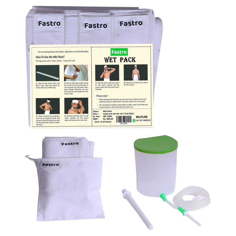 Fastro Wet Pack Cotton Patti Satvik Movement and Anema Kit Satvik Movement 1500ml 1 Strip for Stomach 2 Strips for Neck & Head 1 Anima Pot Kit 1 Silicon Pipe 2 Nozzles 1 Pinch Clamp with User Manual