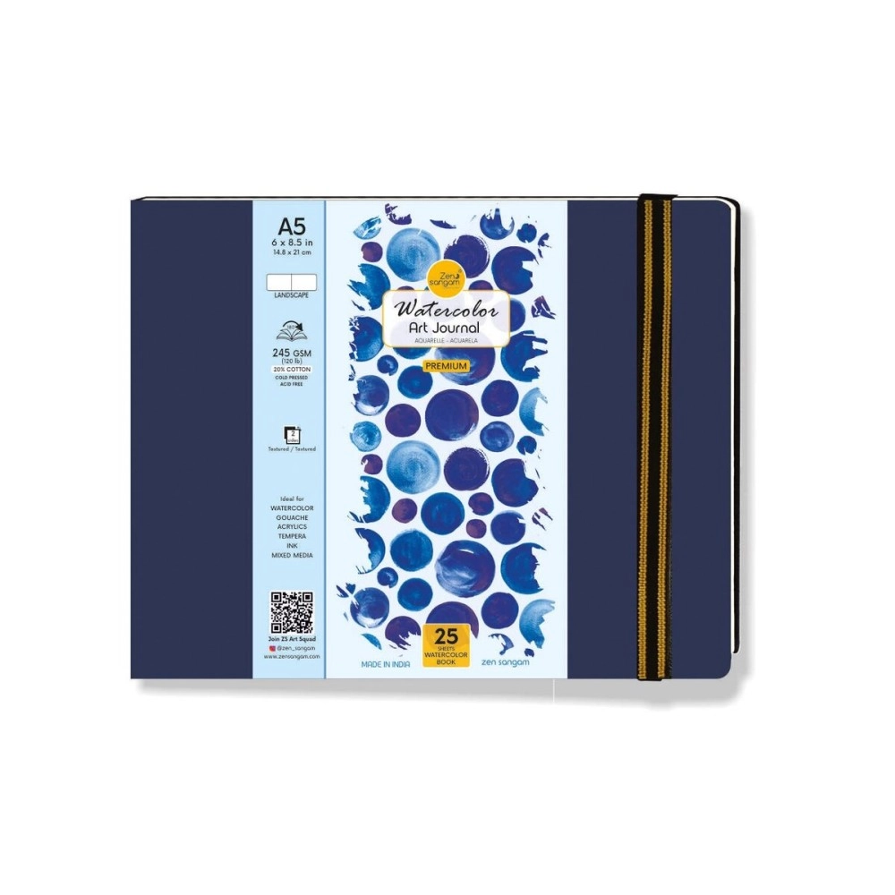 Zen Sangam Express your Mind - A5 Watercolor Art Journal Landscape - 245 GSM - 20% Cotton Cold Pressed - 50 Pages - Size (14.8x21cm) - Watercolour Book - Blue
