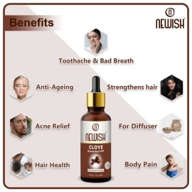 Newish Clove Oil 100% Pure & Natural, Undiluted, Best use Clove oil for Teeth Pain, Skin, Hair, Pimples, Acne, T Zone & Underarm - High Potency Premium Essential Clove Oil 30 ml