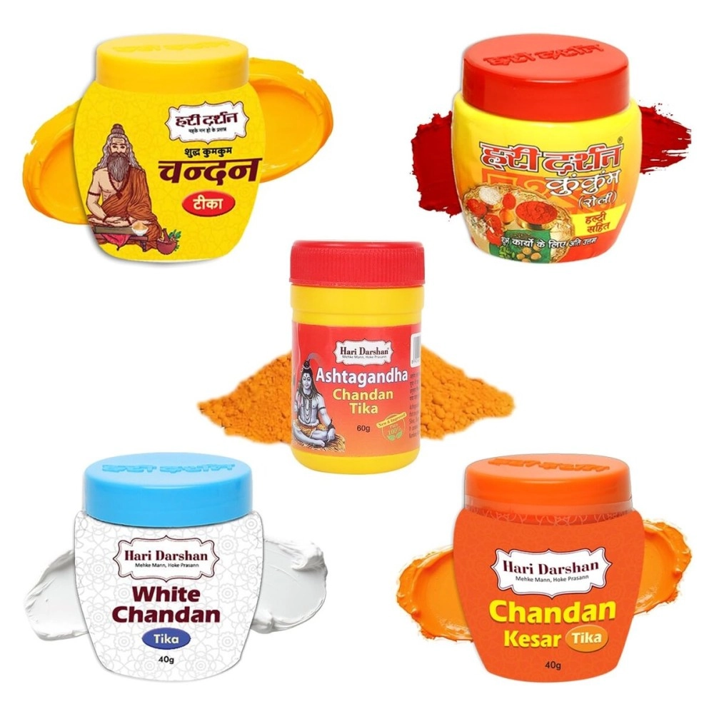 Hari Darshan Chandan Tika Combo Pack of 5 | Pure Sandalwood Paste | Chandan Kesar Tika | Ashtagandha Tika | Kumkum Roli | White Tika Tilak | for Daily Pooja and Hawan
