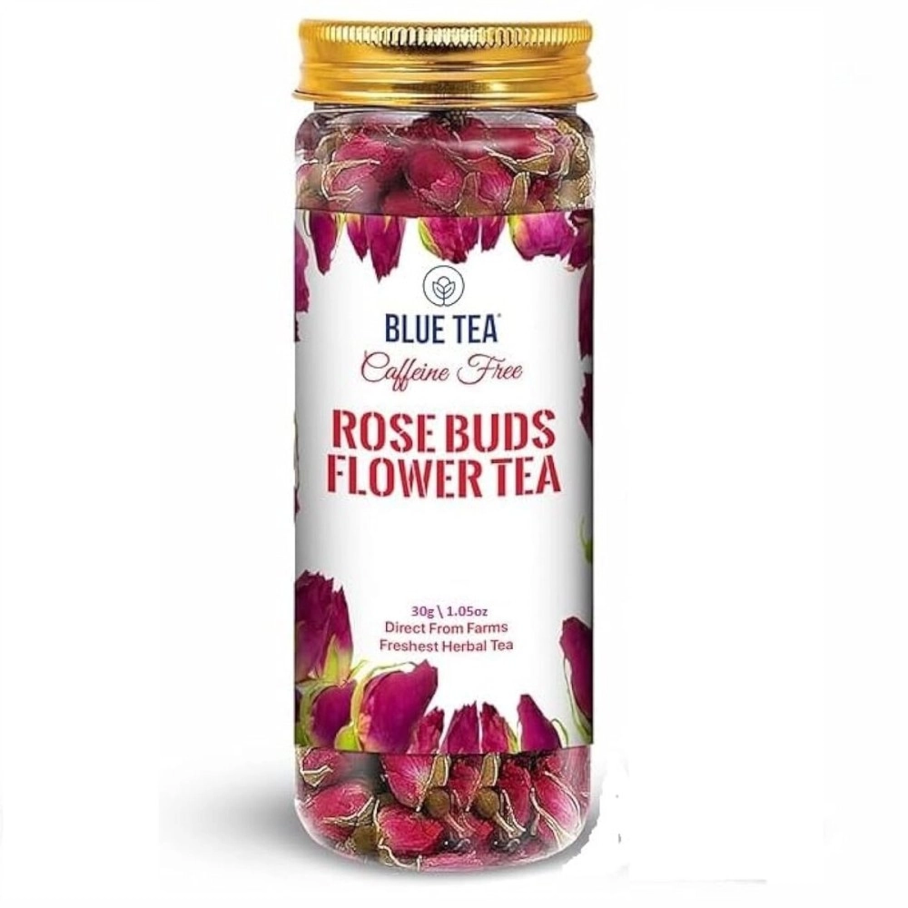 BLUE TEA - Rose Buds Tea - 30gm - 30 Cups | RICH VITAMIN-C | Beautiful Hair & Skin - Caffeine Free - 100% Natural - Flower Based - Herbal Tea - Vegan - Non-GMO | Featured In Shark Tank | Pet Jar Pack