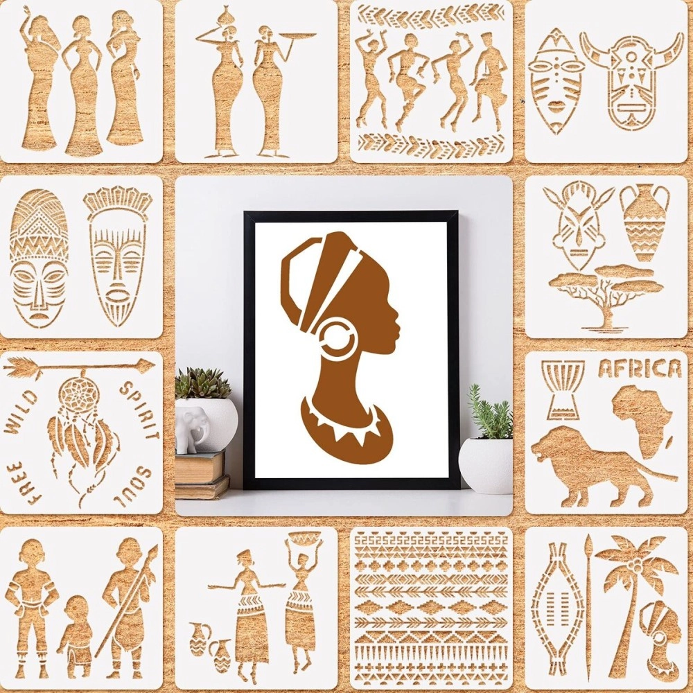 12 Pieces African Tribal Stencils for Painting on Wood African Tribal Painting Stencil Templates Reusable Plastic Art Craft Stencils for Scrapbooking Drawing DIY Furniture Wall Floor, 6 x 6 Inches