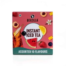 Bevzilla Iced Tea Powder Assorted 10 Flavours Pack, Ice Brew, Cold Brew, Strong and Highly Flavourful, No Artificial Ingredients, 30 Calorie Instant Ice Tea Powder, 30 GM Each Sachet x 10