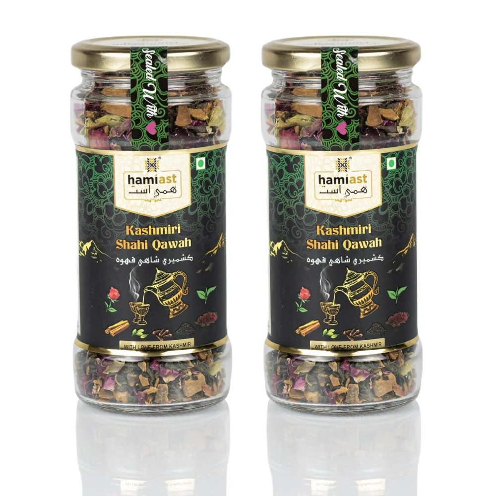 Hamiast Kashmiri Shahi Qawah (Kahwa) Loose Leaves Green Tea With Saffron, Authentic And Traditional Blend,Without Sugar, 200 Grams (100G Pack Of 2 Serves 100 Cups)