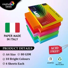 BRUSTRO Copytinta Mixed Bright Colour Craft Paper| A4 Size | 80 GSM | Pack of 40 Sheets (10 colors x 4 sheets)|Ideal for DIY Art, Origami Ideas, Printing, Stationery, Students, Professionals.