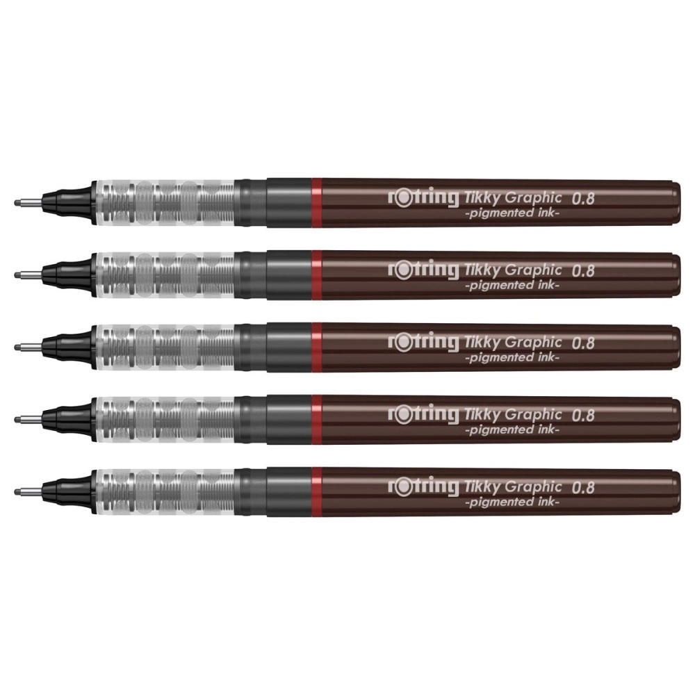 Rotring 0.8mm Line Thickness Tikky Graphic Fineliner with Black Pigmented Lightfast And Water Resistant Ink For Long Life Drawings, Sketching, Non-Refillable, 5 Pens of 0.8 mm Each