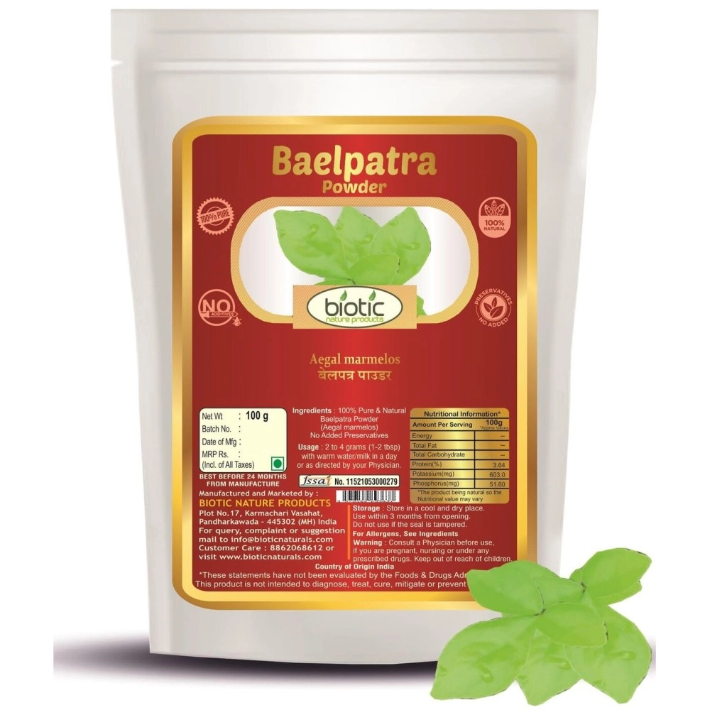 Biotic Belpatra Powder (Aegal marmelos) Bel Patra, Bael Leaf Powder for diabetes - 100 gm