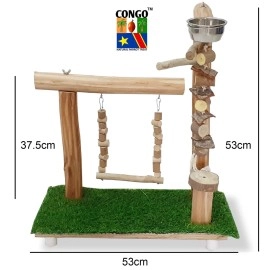 CONGO - NATURAL PARROT TREAT Gym Playing Stand for Bird Eucalyptus Wood | with Hanging Toy and Swing for Conure, Amazon, African Grey, Macaw and Other Birds