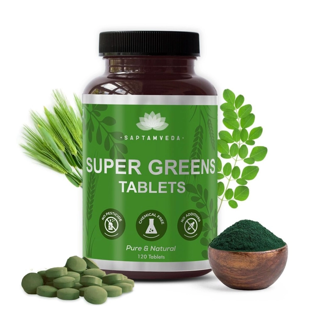 Saptamveda Organic Supergreens Tablets Daily Natural Multivitamin - with Spirulina, Barleygrass, Moringa & Wheatgrass 120 Tablets | 500mg each