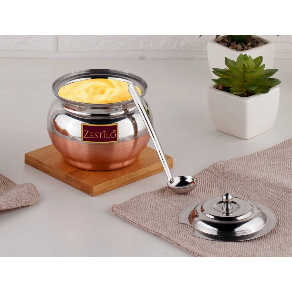 ZESTILO Stainless Steel Ghee Pot With Copper Bottom Finish - Multipurpose Oil Container for Kitchen - 400 ml Capacity