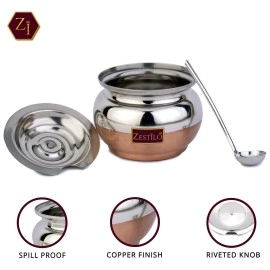 ZESTILO Stainless Steel Ghee Pot With Copper Bottom Finish - Multipurpose Oil Container for Kitchen - 400 ml Capacity