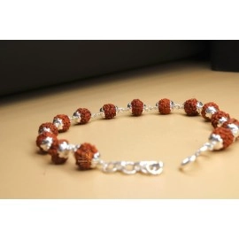 SJ SHUBHAM JEWELLERS 925 Sterling Handmade Dual Silver Wire Stylish Rudraksha Bracelet Silver Rakhi For Men (Brown, 6 Mm Natural Beads Om Silver Para) (Plain Rudrakasha)