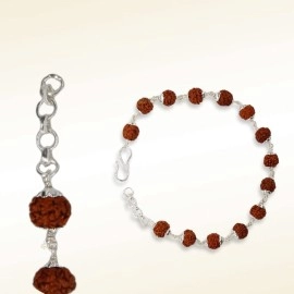 SJ SHUBHAM JEWELLERS 925 Sterling Handmade Dual Silver Wire Stylish Rudraksha Bracelet Silver Rakhi For Men (Brown, 6 Mm Natural Beads Om Silver Para) (Plain Rudrakasha)