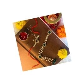 I Jewels 18k Indian Festival Designer Bhaiya Bhabhi Hanging Lumba Rakhi Combo Set for Rakshabhandan Special (R014G-CO)
