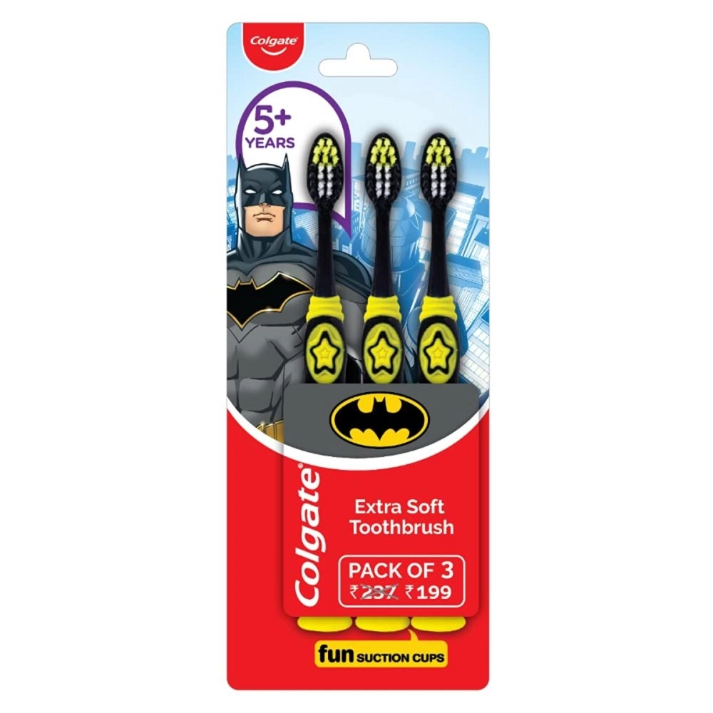 Colgate Kids Batman Toothbrush, Extra Soft With Tongue Cleaner (Pack Of 3),Multicolour