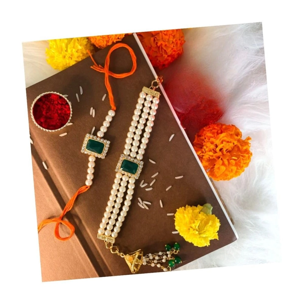 I Jewels Indian Festival Designer Bhaiya Bhabhi Hanging Lumba Rakhi Combo Set for Rakshabhandan Special (R010G-CO)