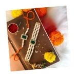 I Jewels Indian Festival Designer Bhaiya Bhabhi Hanging Lumba Rakhi Combo Set for Rakshabhandan Special (R010G-CO)