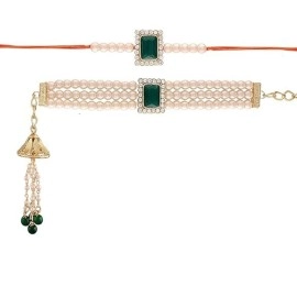 I Jewels Indian Festival Designer Bhaiya Bhabhi Hanging Lumba Rakhi Combo Set for Rakshabhandan Special (R010G-CO)