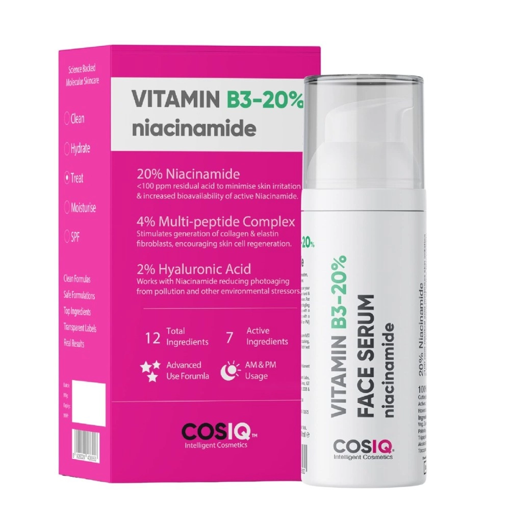 Cos-IQ 20% Niacinamide Face Serum with Vit B3 & Hyaluronic Acid 30ml - Clear Glowing Skin, Bright Skin, Reduces Dullness, Hydrates & Repairs Skin, Reduces Acne Marks, Pore Shrinker Formula
