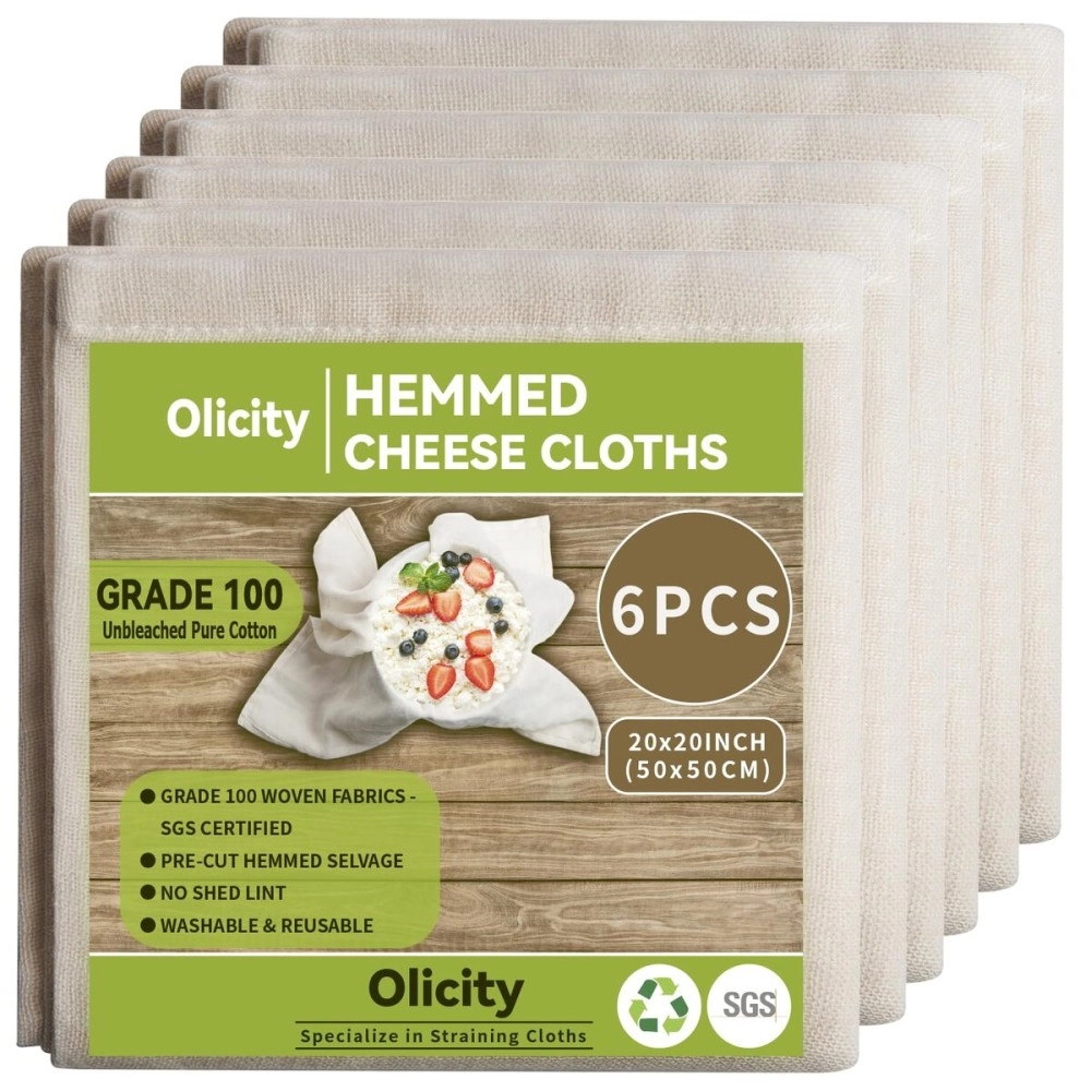 Olicity Cheese Cloths, 6PCS, Grade 100,20x20Inch Hemmed Cheese Cloth Fabric Reusable Fine Mesh Cloth Strainer, 100% Cotton Unbleached Precut Muslin Cheesecloth for Straining, Cooking, Yogurt, Juicing