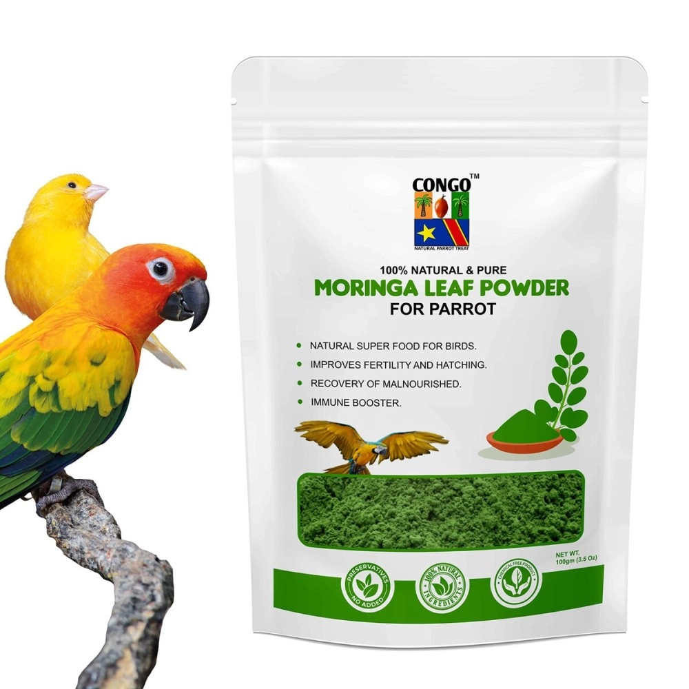 CONGO - NATURAL PARROT TREAT 100gm Moringa Powder to Provide Essential Proteins for Budgies, Lovebirds, Cockatiels, Conure, Senegal, Amazon, African Grey, Macaw, Cockatoo and Other Birds, 100gm