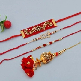 Rakhi Gift for Brother, 4 Rakhi Combo Set for Bhaiya Bhabhi Kids Boy - Rakhis for Rakshabandhan Hamper - Rakhi Gifts for Home Decor/Bhai Rakhi/Lumba Rakhi/Kundan Rakhi/Pearl Rakhi/, Greeting Card