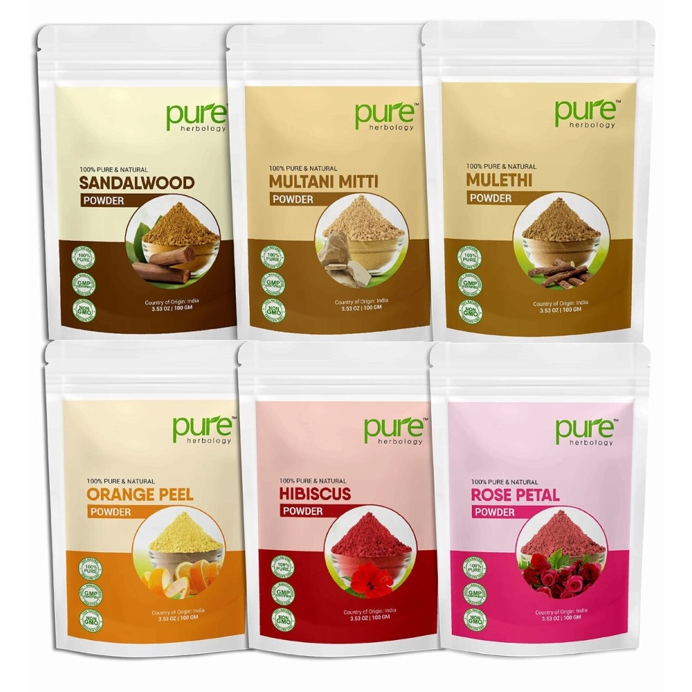 Pure Herbology Pure and Natural Sandalwood Powder, Rose Petal Powder, Orange Peel Powder, Multani Mitti Powder, Mulethi Powder, Hibiscus Powder Combo Pack for face Skin Whitening, (each 100gm)