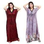G4Girl Women\'s Silk Geometric Print Maxi Kaftan Night Gown (Pack of 2), maroon-grey, Free Size