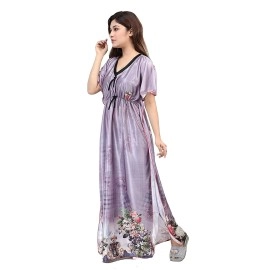 G4Girl Women\'s Silk Geometric Print Maxi Kaftan Night Gown (Pack of 2), maroon-grey, Free Size