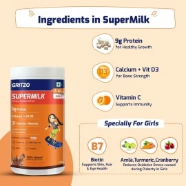 Gritzo SuperMilk Overall Growth (7-12y Girls), 9g Protein Powder (Double Chocolate, 400g) | Zero Refined Sugar, 21 Vitamins & Minerals