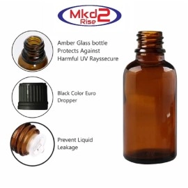 Mkd2 Rise Empty Amber Glass Bottle 50ml, Set of 6 with Leak Proof Euro Dropper Black Cap. Ideal to Store Essential Oils, Fragrances, Medicines, DIY Perfumes, Homeopathy & Refillable