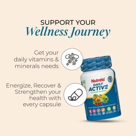 Nutrela Patanjali Daily Active Multivitamin for Men&Women with essential amino acids, natural herbs , biofermented vitamins, minerals for Energy, Immunity, Brain, Eye & Heart Health - 30 Veg Capsule