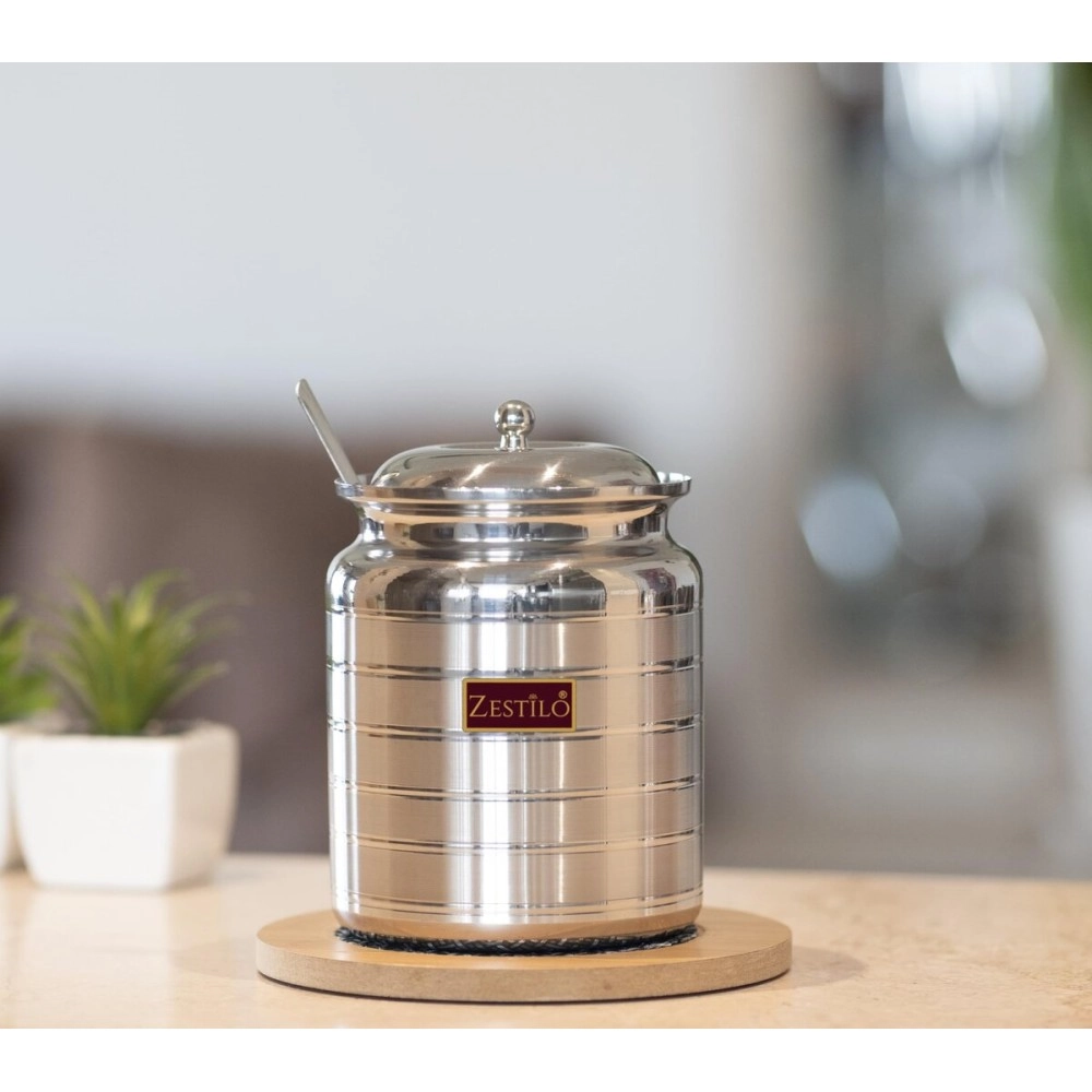 ZESTILO Stainless Steel Oil/Ghee Jar Ghee Container Oil pot ghee container with spoon Platinum Finish (600 ml)