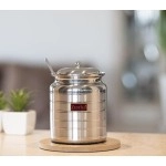 ZESTILO Stainless Steel Oil/Ghee Jar Ghee Container Oil pot ghee container with spoon Platinum Finish (600 ml)