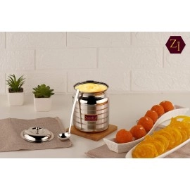 ZESTILO Stainless Steel Oil/Ghee Jar Ghee Container Oil pot ghee container with spoon Platinum Finish (600 ml)