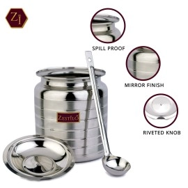 ZESTILO Stainless Steel Oil/Ghee Jar Ghee Container Oil pot ghee container with spoon Platinum Finish (600 ml)