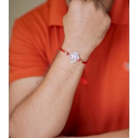 Milan Jewellers 99.5% Fine Silver OM Design rakhi for brother with Kumkum Chawal (Pack of 1), Adjustable, Metal, no gemstone