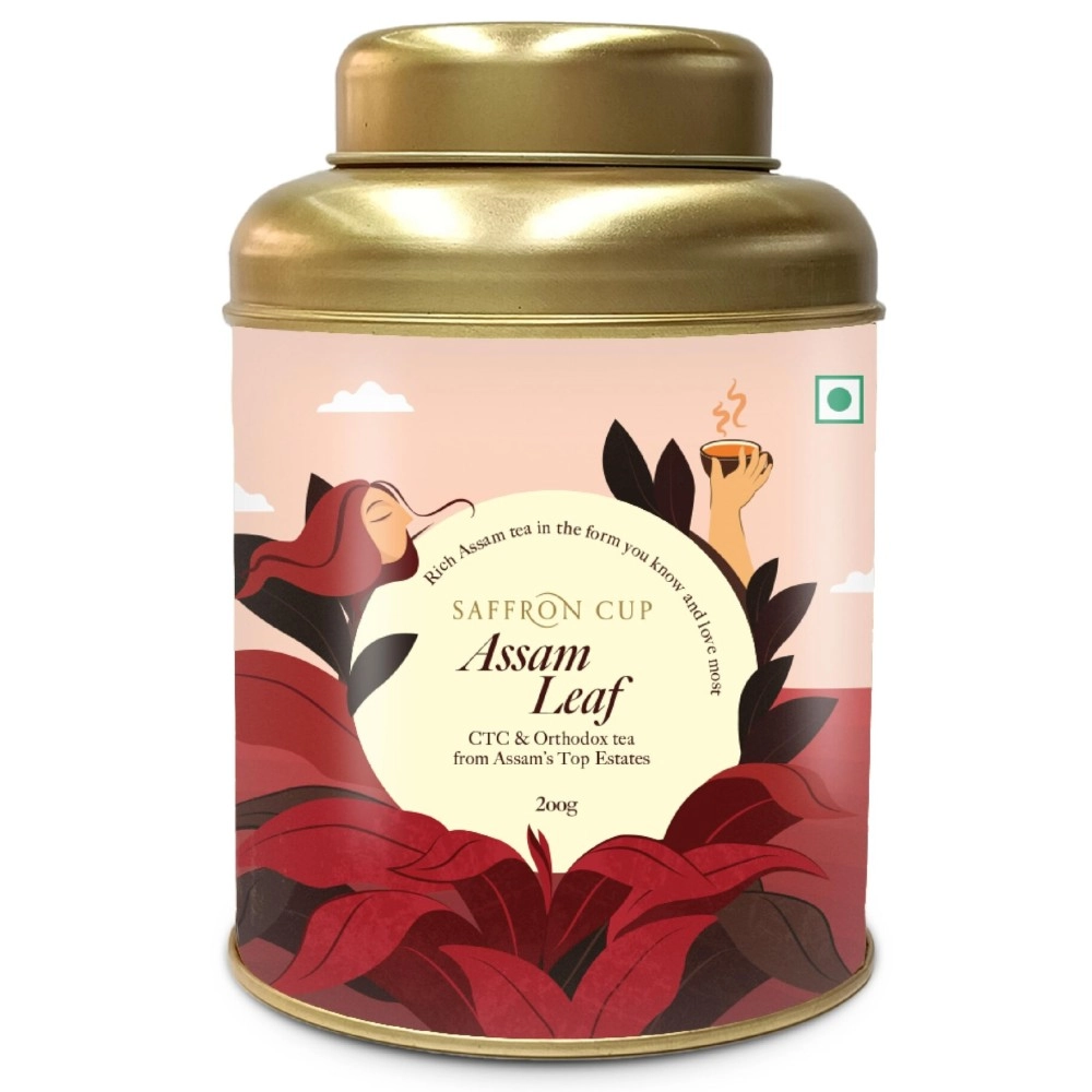 Saffron Cup Assam Leaf CTC Leaf Tea - 200g | Robust & Full-Bodied Blend for Authentic Milk Chai | Rich Aroma, Strong Flavor & Premium Freshness (Airtight Double-Lid Tin)