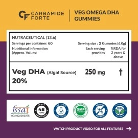 Carbamide Forte Veg Omega 3 250mg - Gummies for Men, Women & Kids with Veg DHA | No Fish oil Used - 60 Veg Gummies