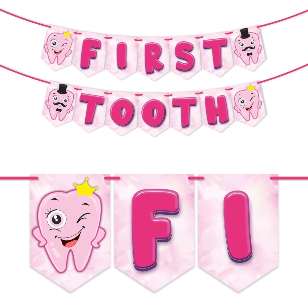 Wobbox First Tooth Bunting Banner, Pink Colour Stylish Font, First Tooth Decoration, Happy Birthday Decoration