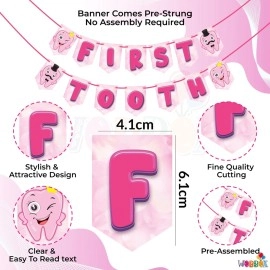 Wobbox First Tooth Bunting Banner, Pink Colour Stylish Font, First Tooth Decoration, Happy Birthday Decoration