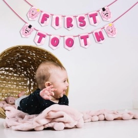 Wobbox First Tooth Bunting Banner, Pink Colour Stylish Font, First Tooth Decoration, Happy Birthday Decoration