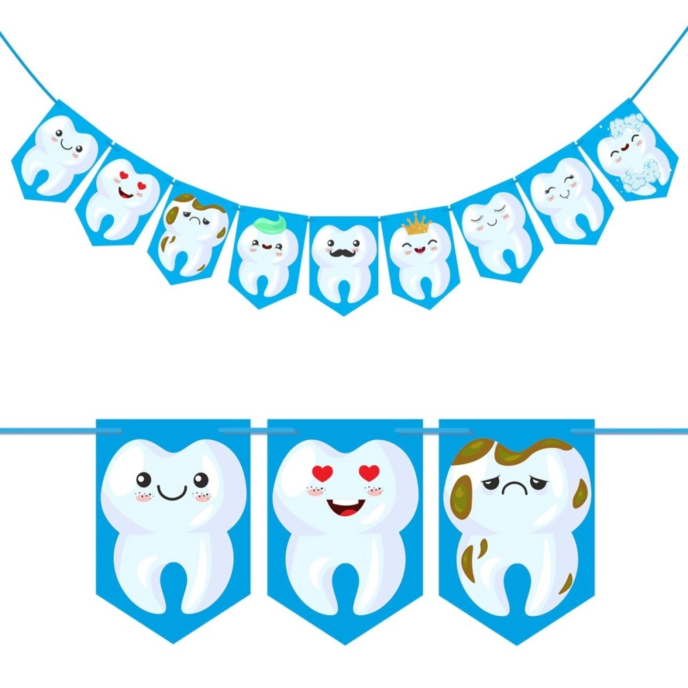 Wobbox Cartoon Tooth Blue Bunting Banner, First Tooth Decoration, Happy Birthday Decoration