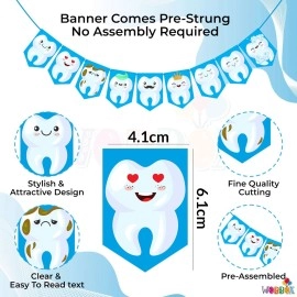 Wobbox Cartoon Tooth Blue Bunting Banner, First Tooth Decoration, Happy Birthday Decoration