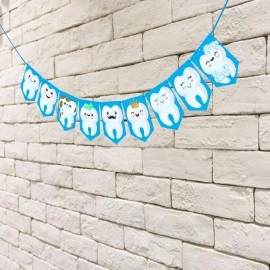 Wobbox Cartoon Tooth Blue Bunting Banner, First Tooth Decoration, Happy Birthday Decoration