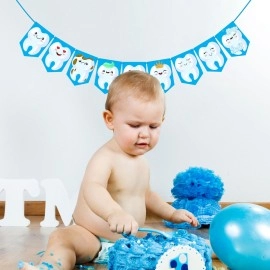 Wobbox Cartoon Tooth Blue Bunting Banner, First Tooth Decoration, Happy Birthday Decoration