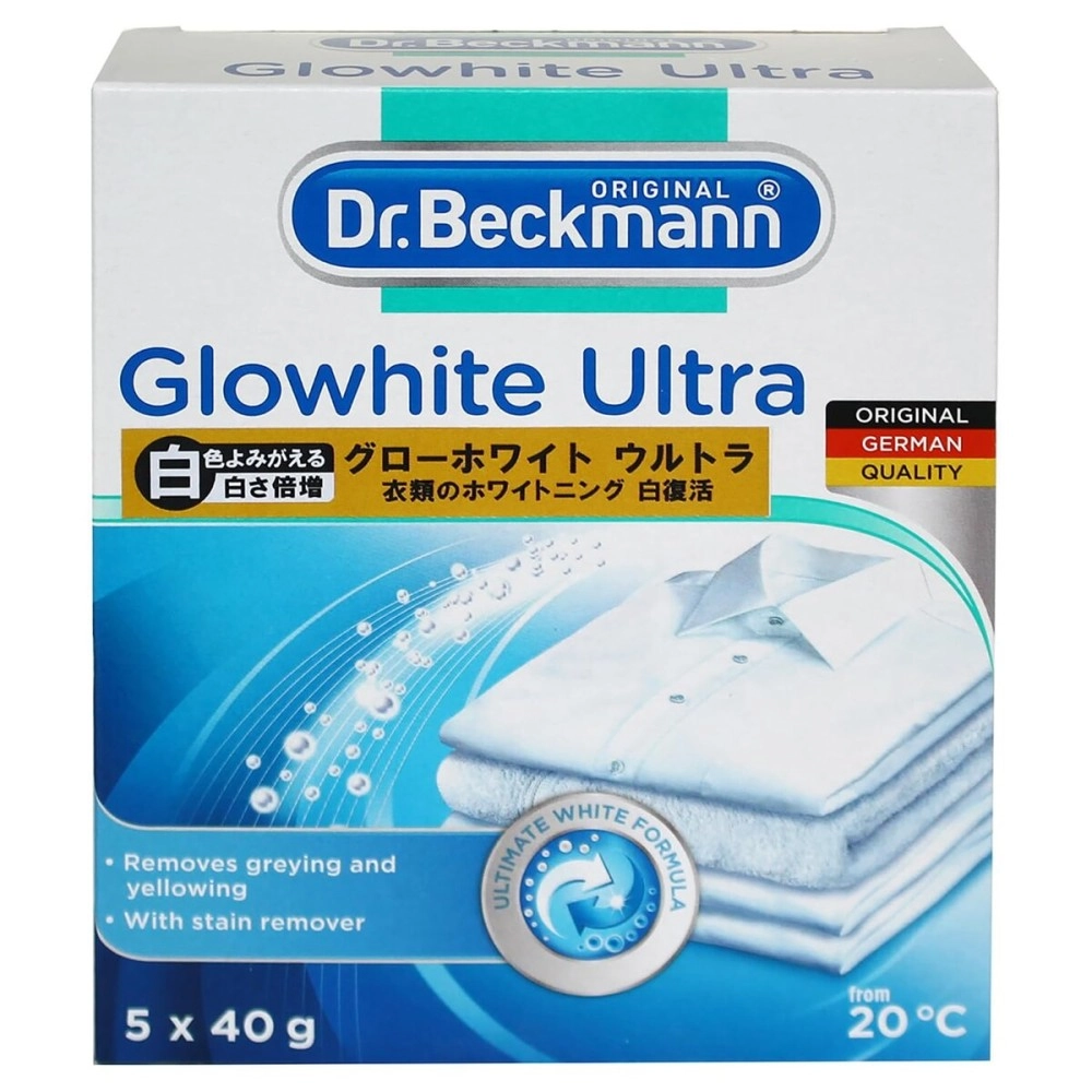 Dr Beckmann Glowhite Ultra Fabric Whitener with Stain Remover | Removes Grey Discoloration | Combats Yellowing | Getting White Laundry Whiter | 5x40g | Made in Germany
