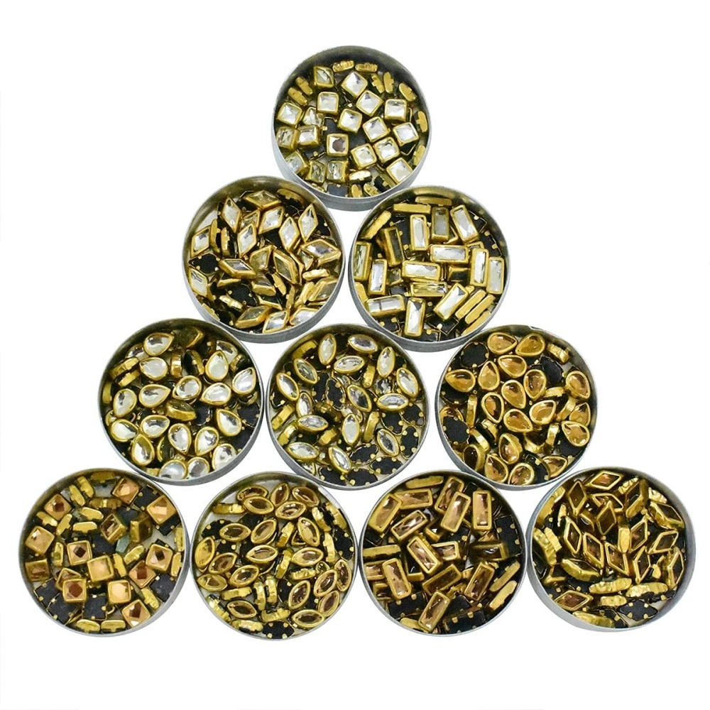 Embroiderymaterial Flat Back Glue On Kundan Stone/Rhinestones Beads for Craft, Jewellery Making, Embroidery, Embellishment, Toran Making (10 Styles-Gold and Silver Color, 500 Pieces)